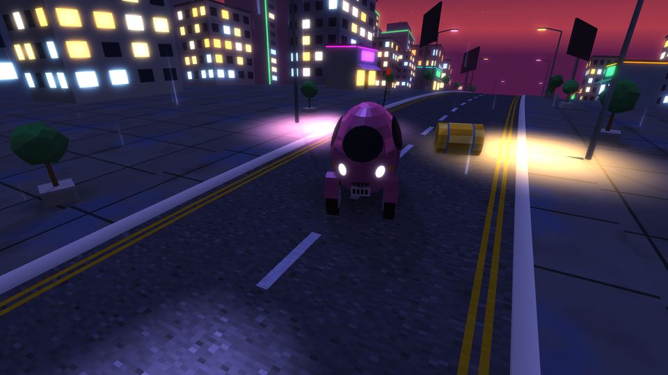 A pink bubble car with its headlights on, driving through a neon city at night