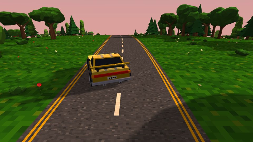 A yellow muscle car on a country road under a pink evening sky